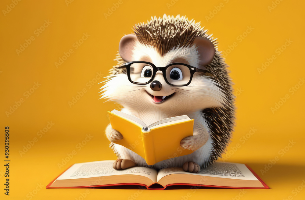 illustration of adorable hedgehog reading books in glasses. cute pet on solid yellow background illustration of adorable hedgehog reading books in glasses. cute pet on solid yellow background