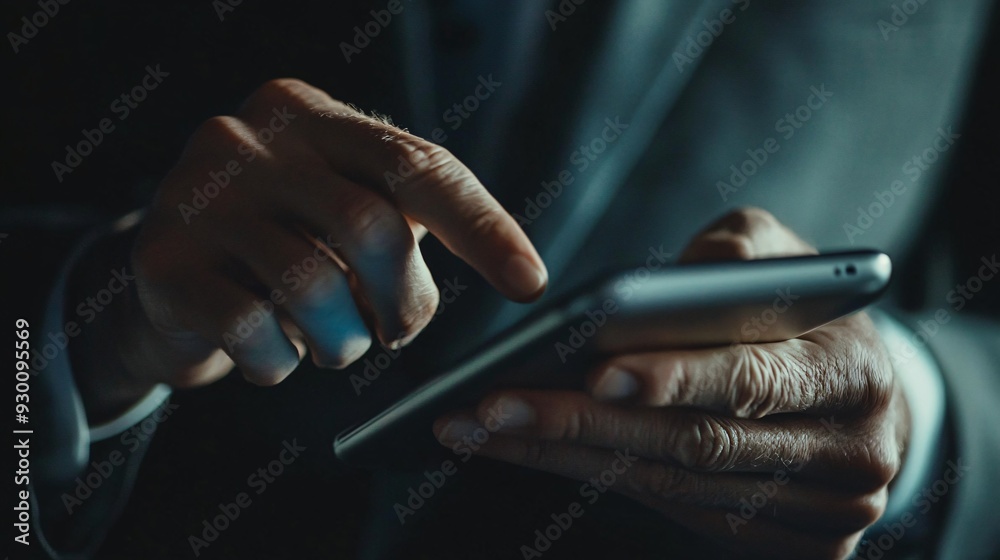 Document Access: Man Using Tablet Close-up with Scheme Overlay Document Access: Man Using Tablet Close-up with Scheme Overlay