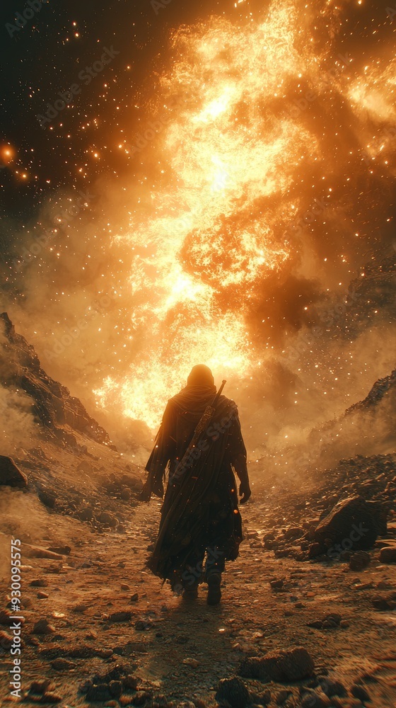 dramatic scene of Moses facing the miraculous burning bush amidst a desolate desert landscape dramatic scene of Moses facing the miraculous burning bush amidst a desolate desert landscape