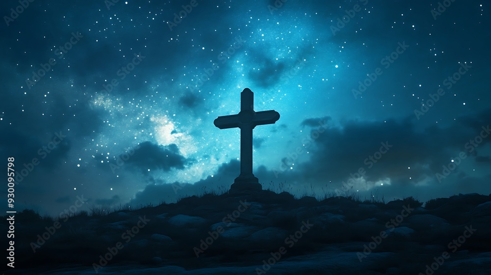 Cross Silhouette Against a Starry Night Sky Cross Silhouette Against a Starry Night Sky