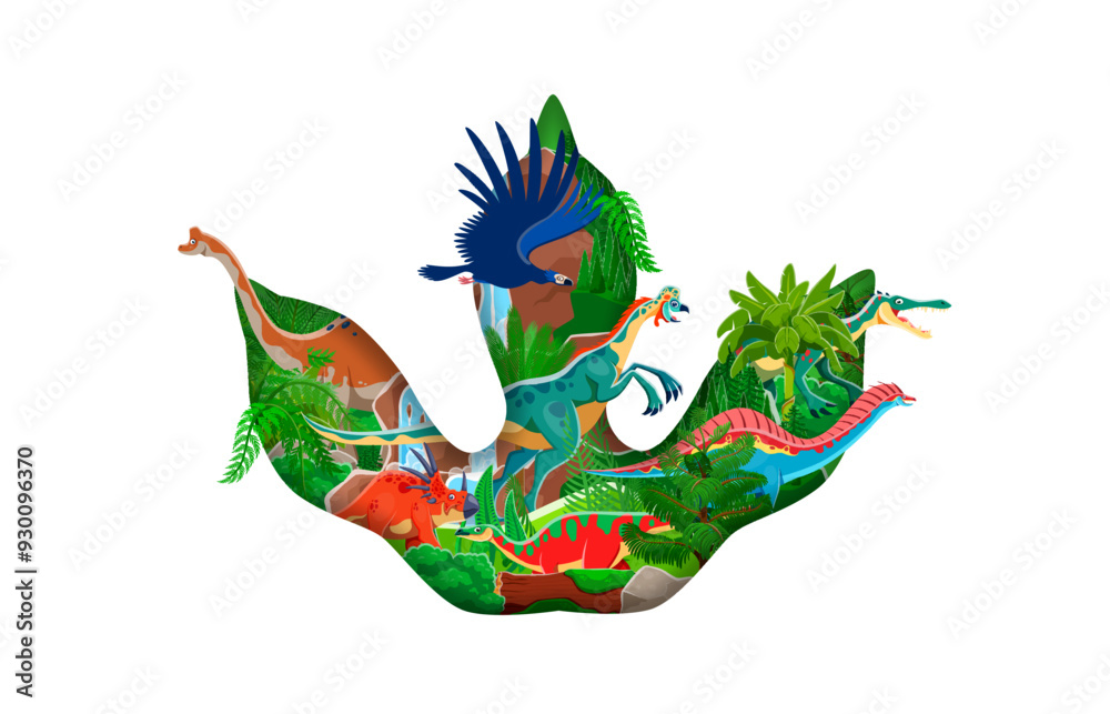Φωτογραφία Prehistoric dinosaur footprint paper cut banner with cartoon dino animal characters and jurassic jungle forest