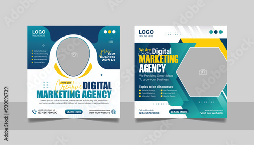 Digital Marketing Agency Social Media Post Set, Corporate Business Promotion Online Webinar Banner, Seminar Square Flyer Design Web Template