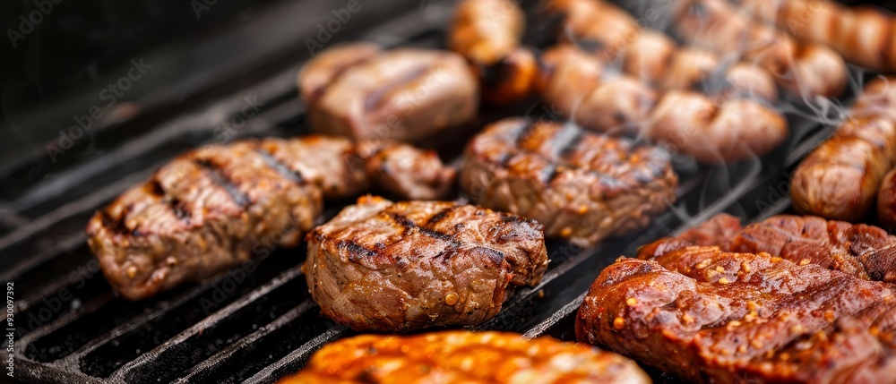 Hamburgers and hamburger patties cook on a BBQ grill, surrounded by more cooking hamburgers and patties Hamburgers and hamburger patties cook on a BBQ grill, surrounded by more cooking hamburgers and patties