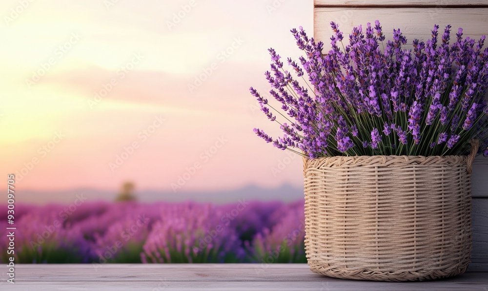 A beautiful lavender bouquet in a woven basket against a serene sunset, creating a peaceful and fragrant ambiance. A beautiful lavender bouquet in a woven basket against a serene sunset, creating a peaceful and fragrant ambiance.