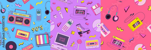 Set of retro cartoon 90s, y2k devises seamless pattern. Vintage technologies, music background. Old computer, floppy disk, phone, audio cassette, player, microphone, phone photo