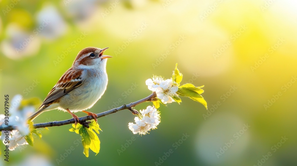 A charming bird perched on a blossoming branch, singing joyfully in the warm sunlight, embodying the essence of spring. A charming bird perched on a blossoming branch, singing joyfully in the warm sunlight, embodying the essence of spring.
