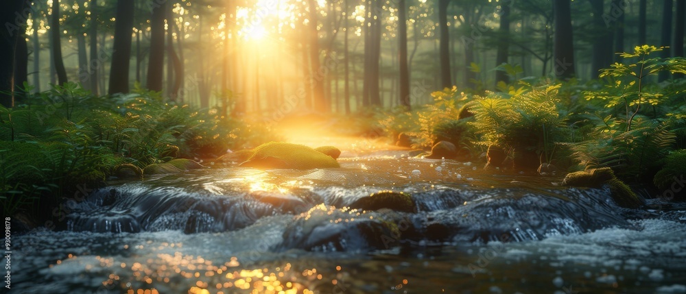 A Serene Forest Stream at Sunrise A Serene Forest Stream at Sunrise