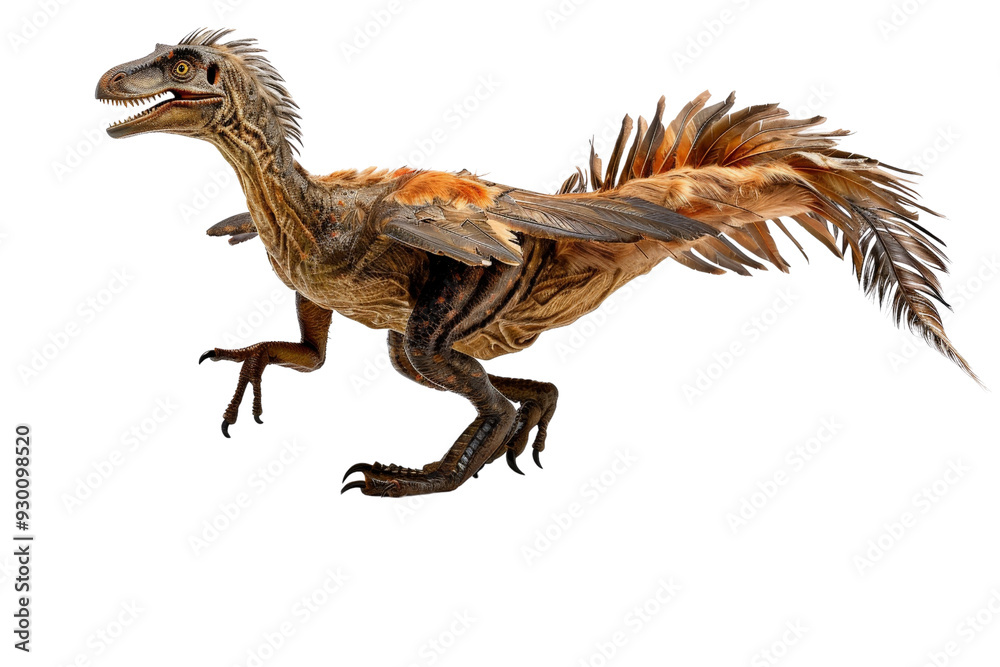 Fototapeta premium Austroraptor model in a dynamic pose, isolated on a white background, capturing its feathered appearance, agile body, and characteristic features