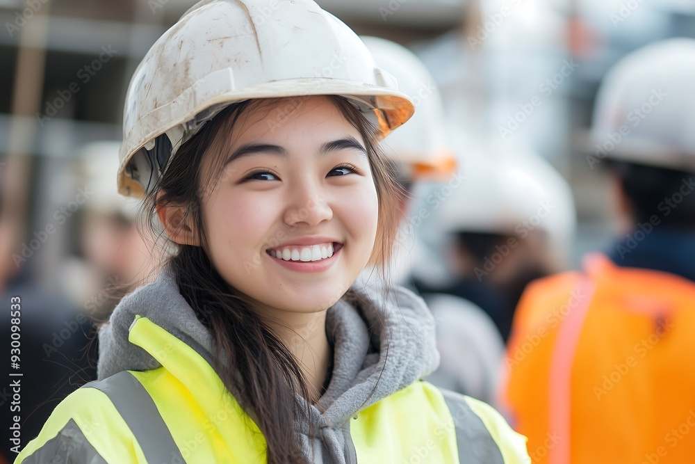 Smiling asian young female construction builder apprentice student working on tradesman apprenticeship course Smiling asian young female construction builder apprentice student working on tradesman apprenticeship course