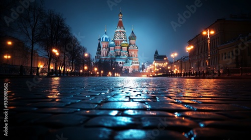 Midnight Magic. Beautiful night view of Moscow's iconic Red Square adorned with the stunning St.... photo