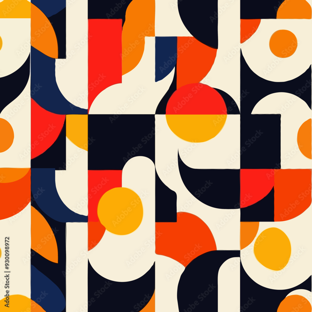Bold and vibrant abstract geometric pattern featuring a dynamic arrangement of circles, semicircles, and rectangles in vivid red, yellow, and blue tones, set against a neutral background Bold and vibrant abstract geometric pattern featuring a dynamic arrangement of circles, semicircles, and rectangles in vivid red, yellow, and blue tones, set against a neutral background