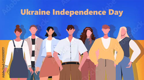 Holiday Greeting Card With blue and yellow Ukrainian flag and a group of people celebrating Independence day of Ukraine. National holiday in Ukraine 24 August. Vector illustration. Not AI generated