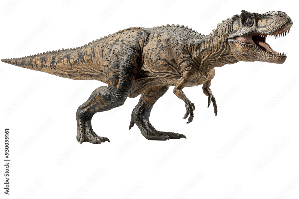Naklejka premium Carcharodontosaurus isolated on a white background, showcasing its impressive size and detailed features with emphasis on its powerful jaws and sharp teeth