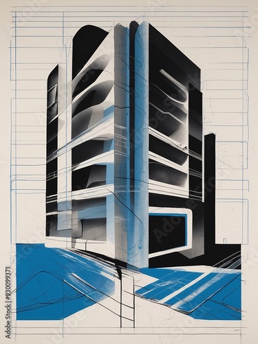 A minimal and strange illustration of an architectural blueprint with distorted lines, with a color scheme of deep blacks, grays, and blues, using risograph photo