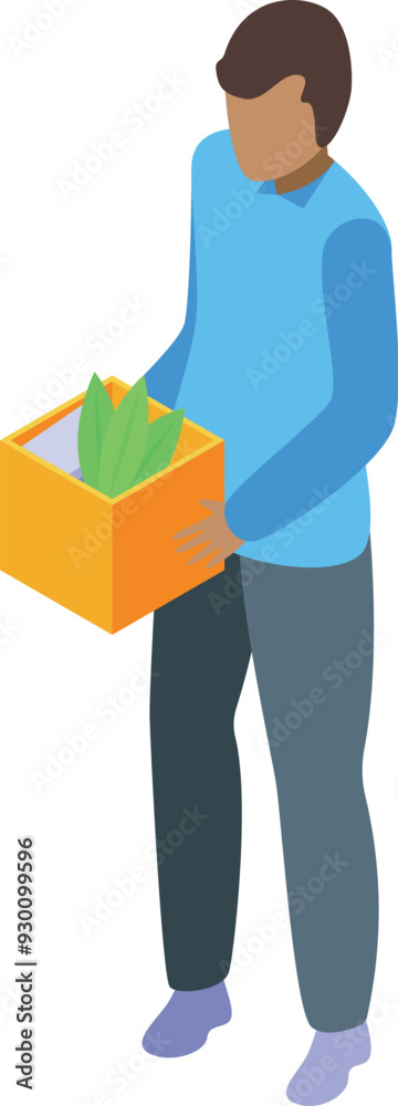Office worker is leaving his previous job, holding a box with a plant Office worker is leaving his previous job, holding a box with a plant