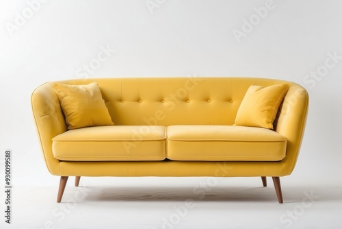 Yellow Velvet Sofa with Wooden Legs and Pillows