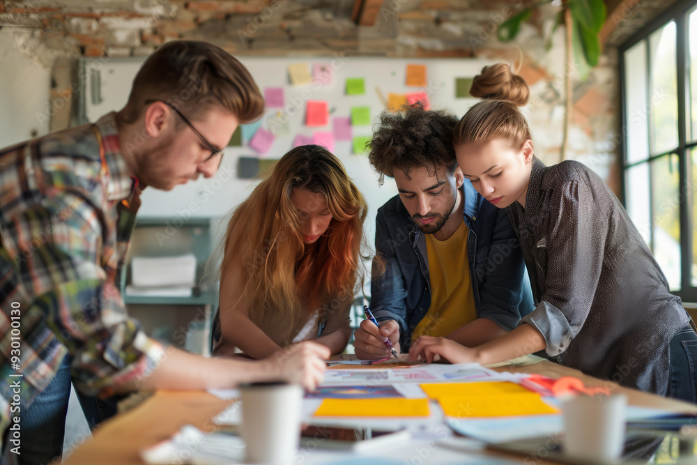 Unposed group of creative business people in an open concept office brainstorming their next project. Unposed group of creative business people in an open concept office brainstorming their next project.