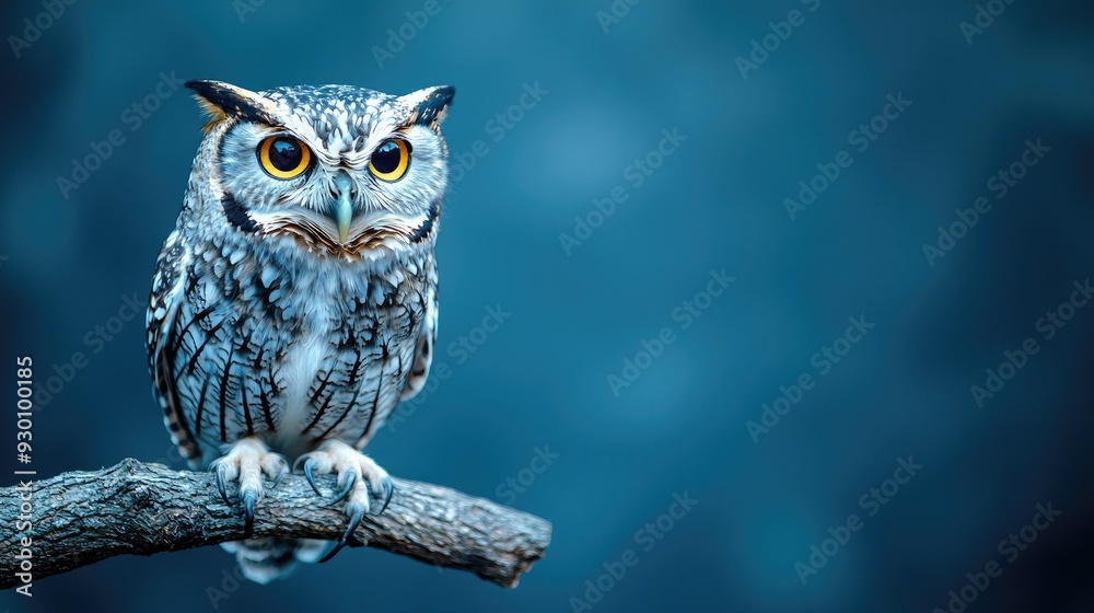 A majestic owl perched on a branch, showcasing its stunning feathers and captivating eyes against a serene blue background. A majestic owl perched on a branch, showcasing its stunning feathers and captivating eyes against a serene blue background.