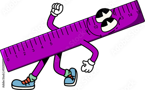 Cartoon groovy school ruler character. Isolated vector retro stationery, measuring tool with a smiling face. Joyful and funny school personage cheerfully walking, ready to measure and educate students