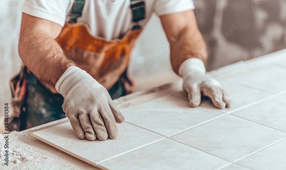 A skilled worker laying tiles on a floor, showcasing craftsmanship and attention to detail during the renovation process. A skilled worker laying tiles on a floor, showcasing craftsmanship and attention to detail during the renovation process.