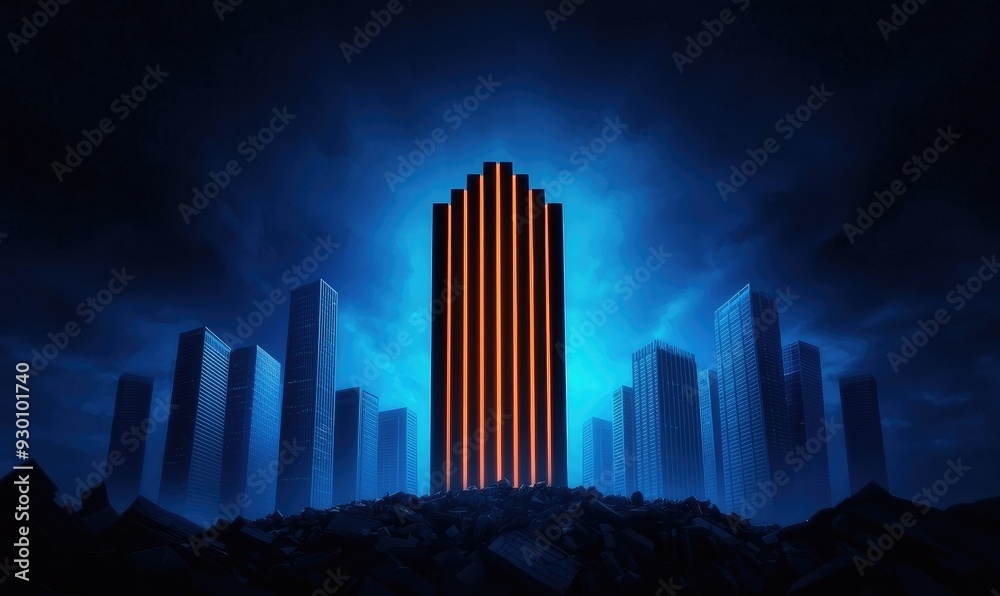 A stunning futuristic skyline illuminated by a central tower, surrounded by dark clouds and a glowing blue ambiance.