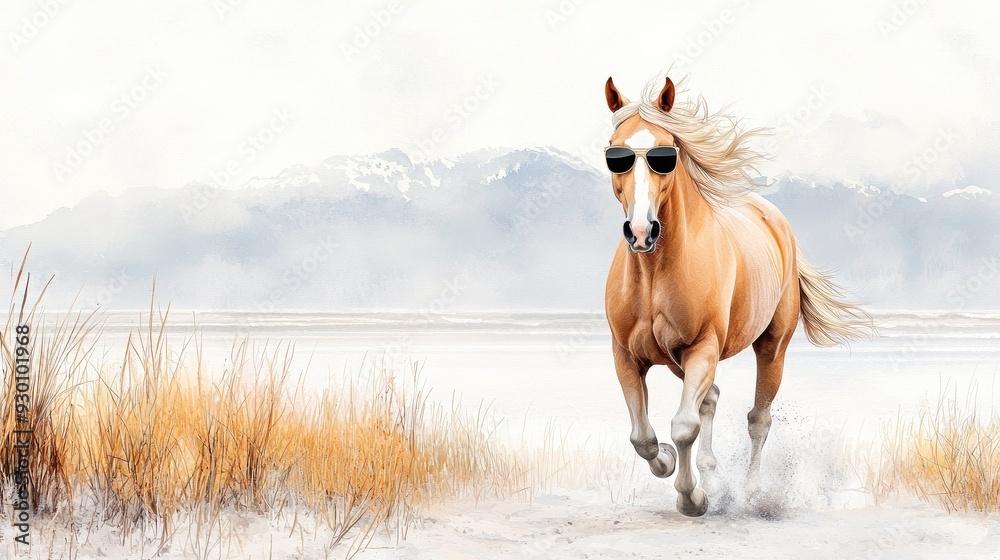 A stylish horse wearing sunglasses runs gracefully through a serene landscape, capturing a blend of beauty and coolness. A stylish horse wearing sunglasses runs gracefully through a serene landscape, capturing a blend of beauty and coolness.