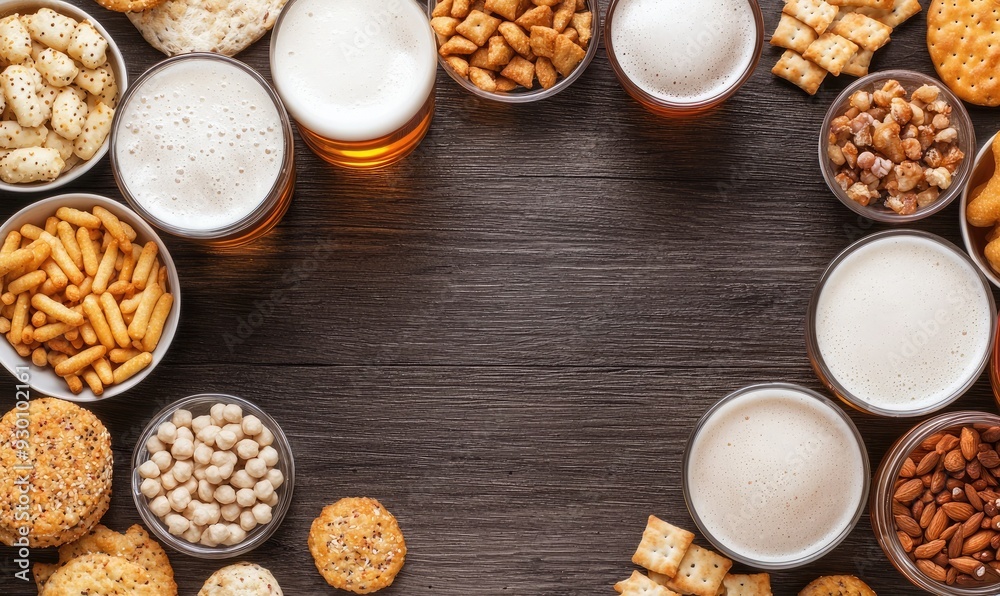 A top view of assorted snacks and drinks on a wooden table, perfect for parties or gatherings. A top view of assorted snacks and drinks on a wooden table, perfect for parties or gatherings.