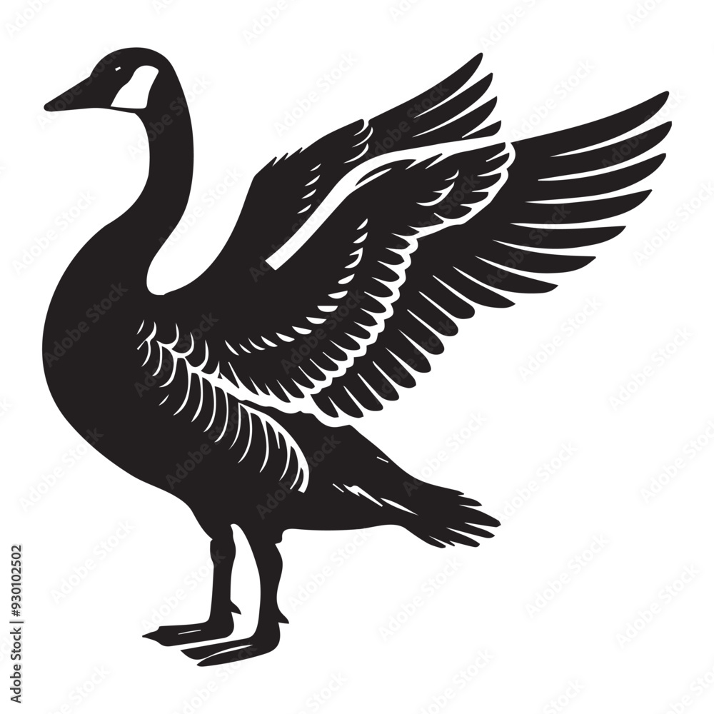 Fototapeta premium Canada goose Silhouette, Branta Canadensis Duck Clipart, Canada Goose standing wings slightly open Illustration black and white 