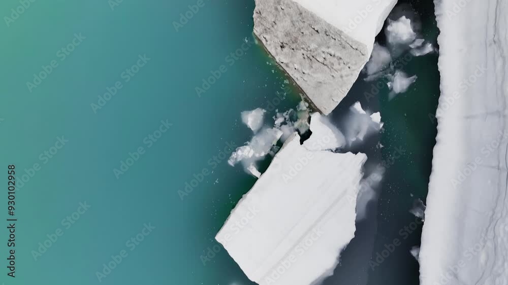 Chipped pieces of glacier or compressed snow in the water near the glacier. Aerial top view of global warming results. Turquoise glacial water with glacier pieces
