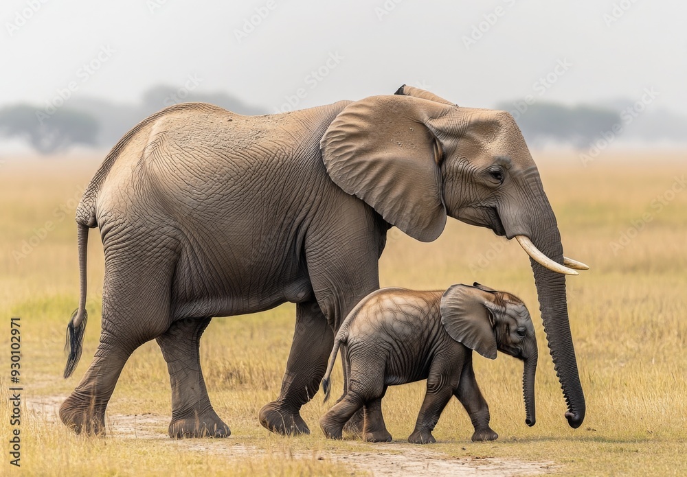 Obraz premium A mother elephant walking side by side with her calf across the African plains