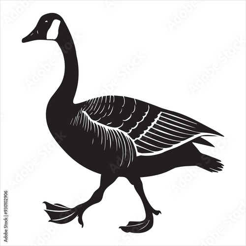 
Canada goose Silhouette,  Branta Canadensis Duck Clipart, Canada Goose walking Illustration black and white 