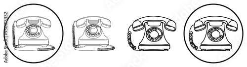 Retro phone. Vintage Rotary Phone Icons Set - Black and White Retro Communication Symbols.