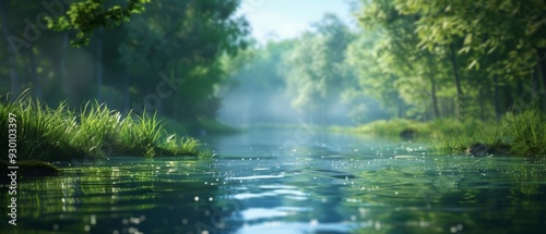  A river winds through a verdant forest, surrounded by abundant green grass and trees on either bank