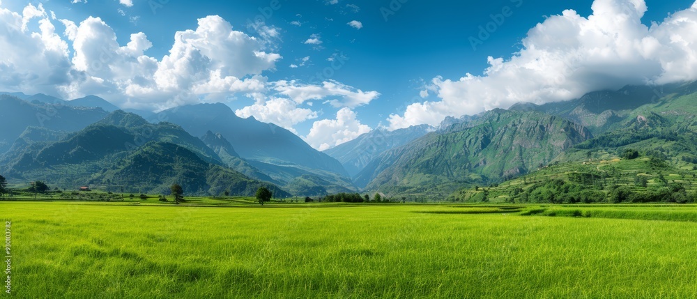 A lush green field faces a mountain range against a backdrop of cloudy, blue skies with scattered wisps of clouds A lush green field faces a mountain range against a backdrop of cloudy, blue skies with scattered wisps of clouds