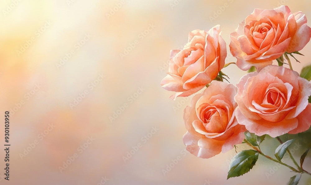 Obraz premium Beautiful peach roses gracefully bloom against a soft pastel background, perfect for adding warmth and elegance to any design.