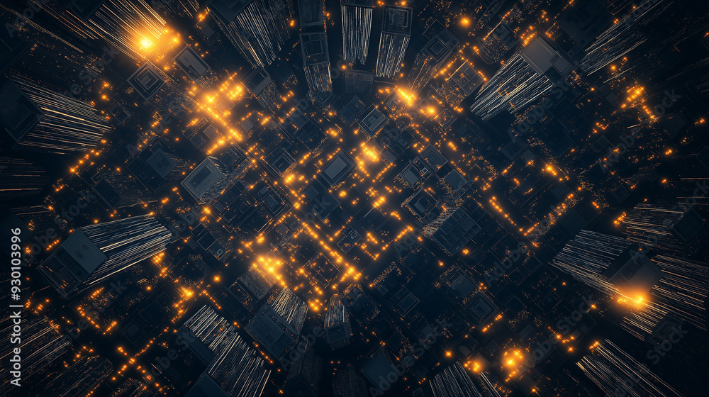 A cityscape with many lights and buildings A cityscape with many lights and buildings