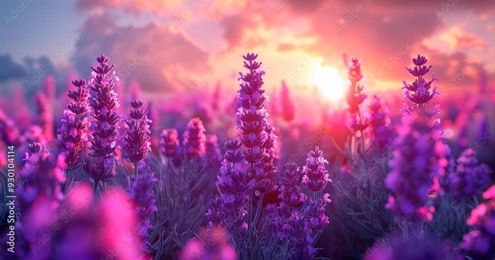 Pink Field of Lavender Flowers at Sunset Pink Field of Lavender Flowers at Sunset