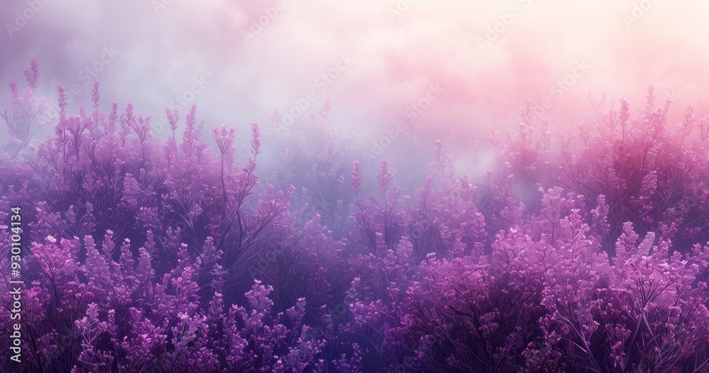 Fototapeta premium Vibrant Purple Flowers, Soft Fog and a Gentle Pink Glow