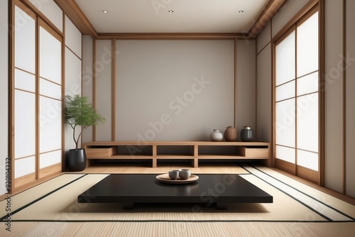 Minimalist Japanese-style living room with wooden shelves, a black coffee table, and tatami mats.