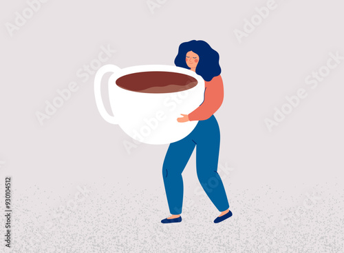 Energy drink and Addiction from caffeine. Woman raised up and holds heavy large cup of coffee. Girl carries a mug of cocoa with difficulty. Healthy or bad eating habits concept. Vector illustration