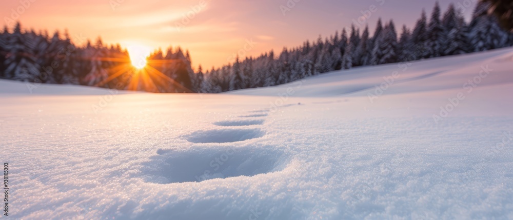 Footprints in the snow against a setting sun backdrop Trees in the foreground, a line of pine trees in the background Footprints in the snow against a setting sun backdrop Trees in the foreground, a line of pine trees in the background