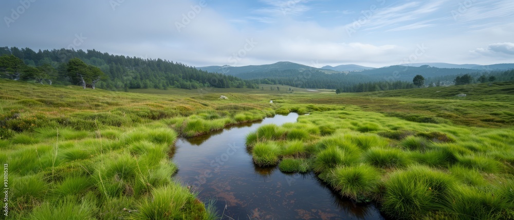 A stream runs through a lush green field, adjacent to another, and is bordered by a forest on its opposite side A stream runs through a lush green field, adjacent to another, and is bordered by a forest on its opposite side