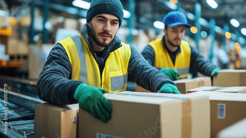 Wallpaper Mural Warehouse Workers Organizing Packages for Shipment. Warehouse workers in safety gear organizing packages on a conveyor belt, preparing shipments for global distribution from a logistics facility. Torontodigital.ca