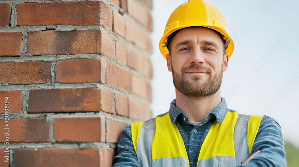Portrait of a confident construction worker wearing a yellow hard hat and safety vest, standing by a brick wall. Portrait of a confident construction worker wearing a yellow hard hat and safety vest, standing by a brick wall.
