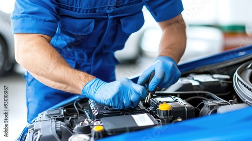 Mechanic working with tools on a vehicle engine, showcasing automotive repair skills in an indoor workshop environment. photo