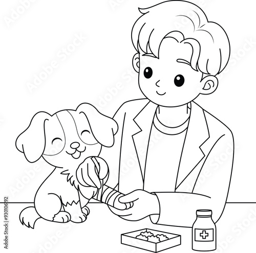 Veterinarian Bandaging a Dog's Paw Outline Coloring Page for Kids