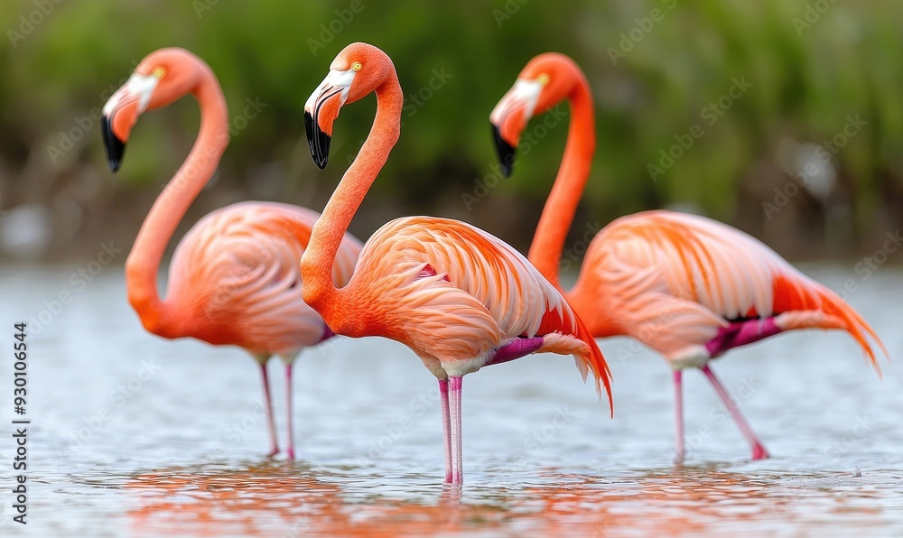 Three vibrant flamingos stand gracefully in a serene wetland, showcasing their stunning pink feathers and elegant posture. Three vibrant flamingos stand gracefully in a serene wetland, showcasing their stunning pink feathers and elegant posture.