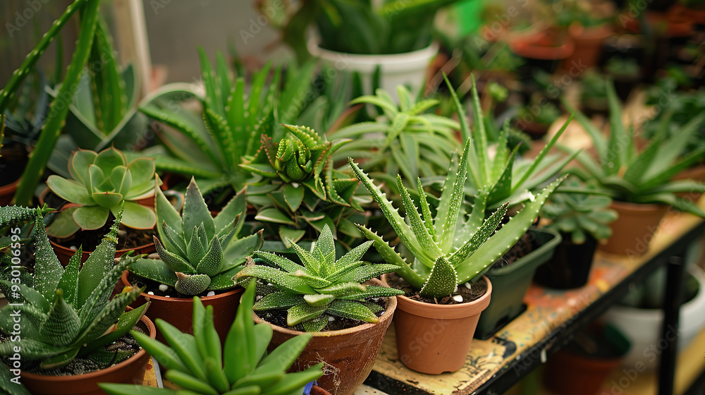 Potted Aloe Vera Plants in a Greenhouse Potted Aloe Vera Plants in a Greenhouse