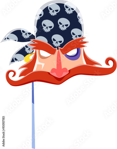 Pirate mask, carnival photo booth corsair sailor face in bandana with skulls, cartoon vector. Pirate mask for masquerade or carnival photobooth, corsair sailor with bruise eye, mustaches and earring
