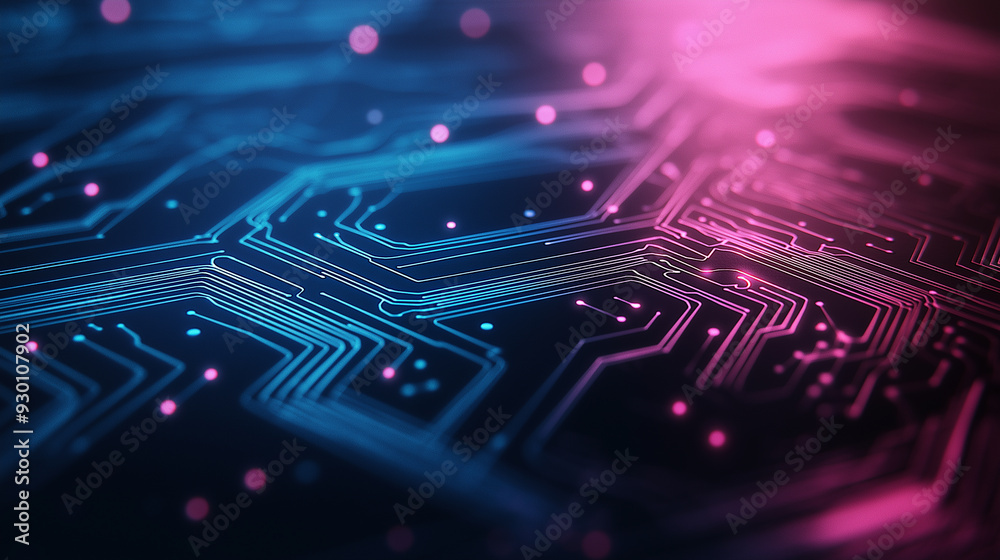 A computer chip with blue and pink colors A computer chip with blue and pink colors